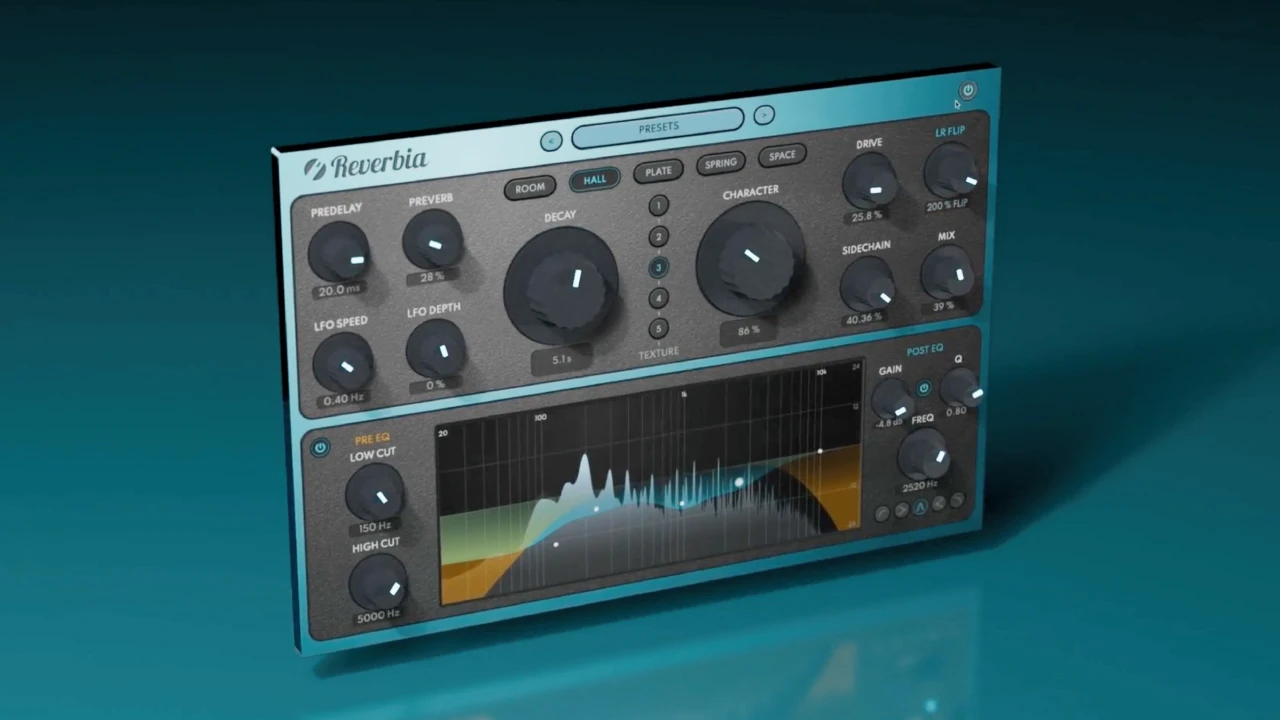 Reverbia Professional Reverb Plugin Interface - 5 Reverb Types with CHARACTER Control