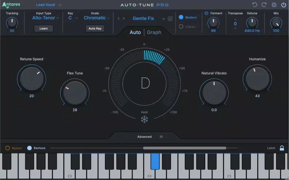 Antares Auto-Tune Pro interface with automatic and graph modes for pitch correction