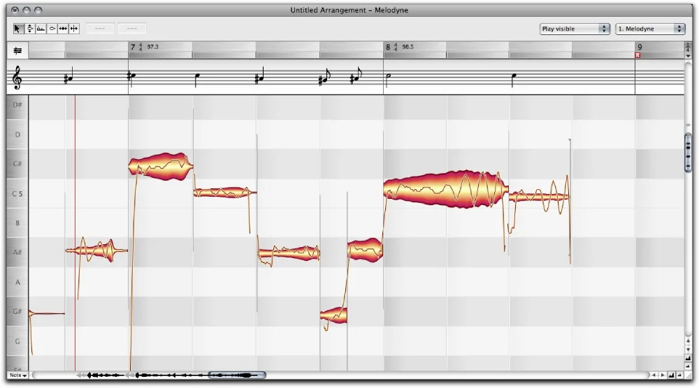 Celemony Melodyne interface showing note-by-note pitch editing and advanced correction tools