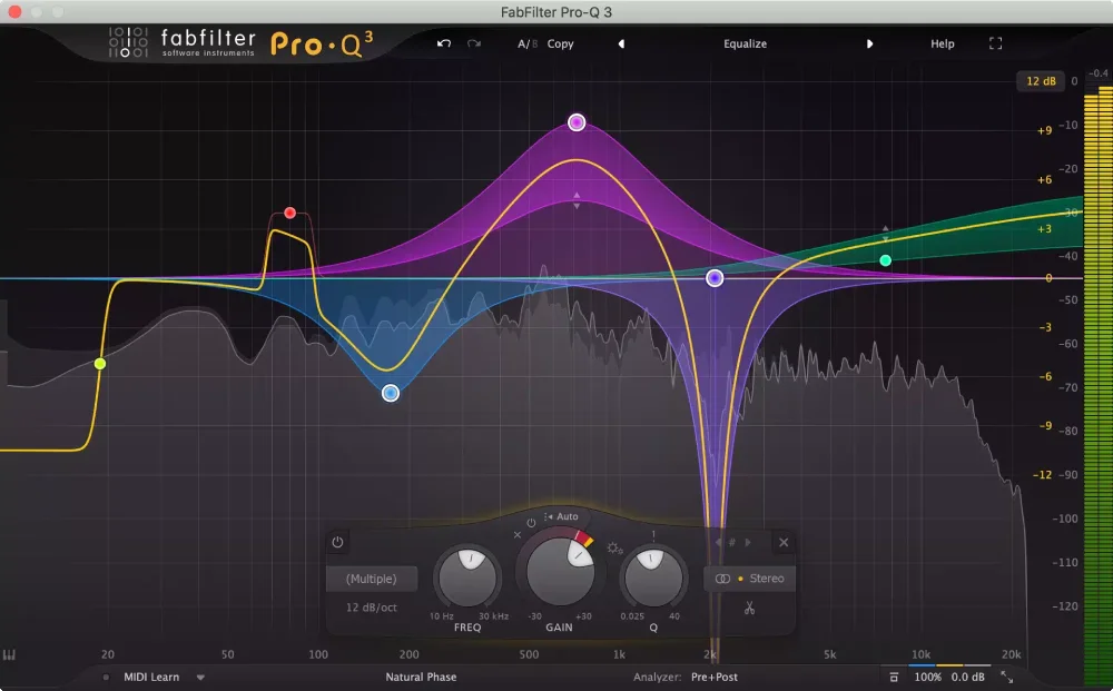 FabFilter Pro-Q 3 interface with dynamic EQ and spectrum analyzer