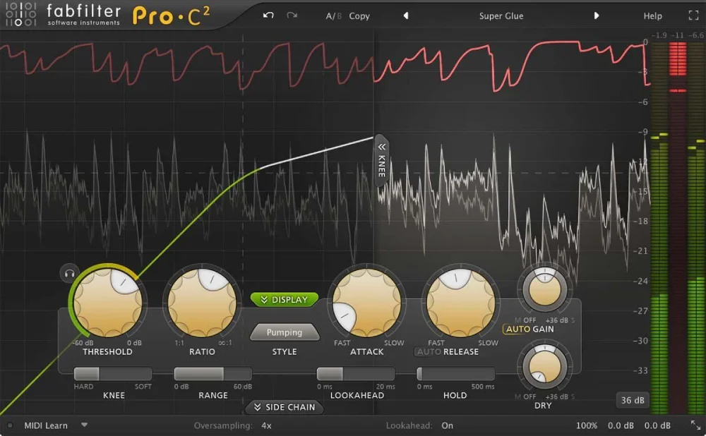 FabFilter Pro-C 2 interface with 8 compression styles and advanced visualization