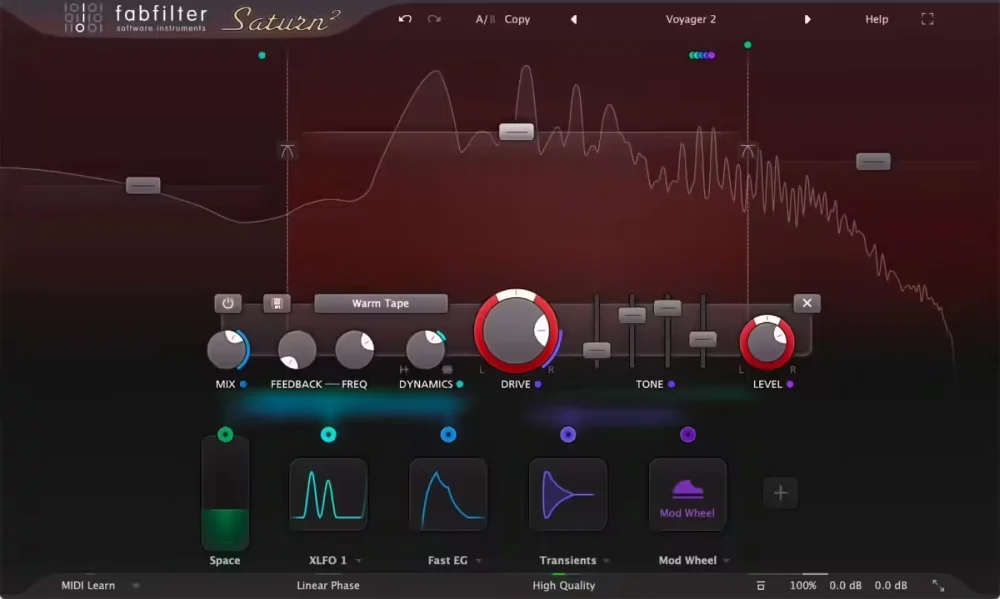 FabFilter Saturn 2 interface with multiband distortion and saturation controls