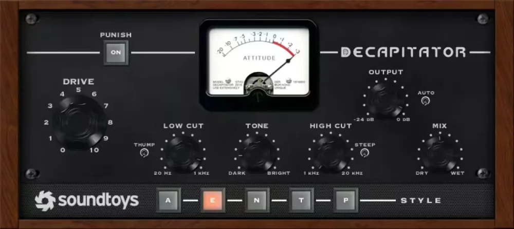 Soundtoys Decapitator interface with 5 saturation models and punish button