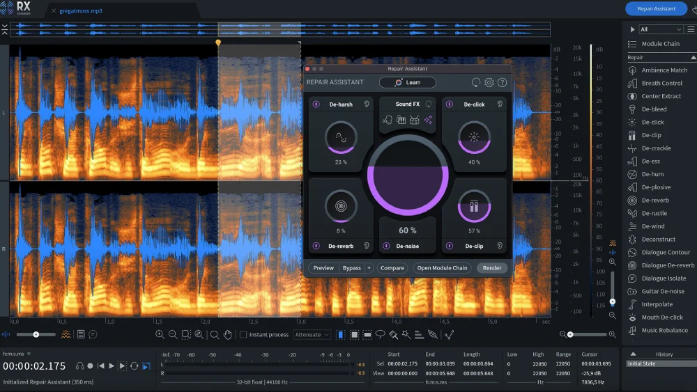iZotope RX interface with spectral editing and audio repair tools